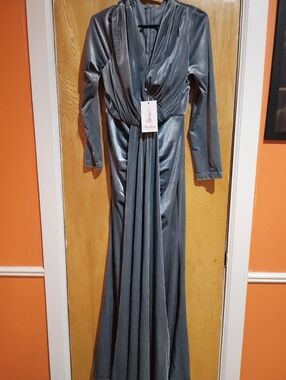Metallic Gray Long Velvet Evening Gown